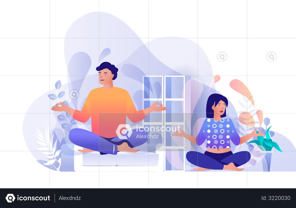 Casal fazendo ioga em casa  Ilustração