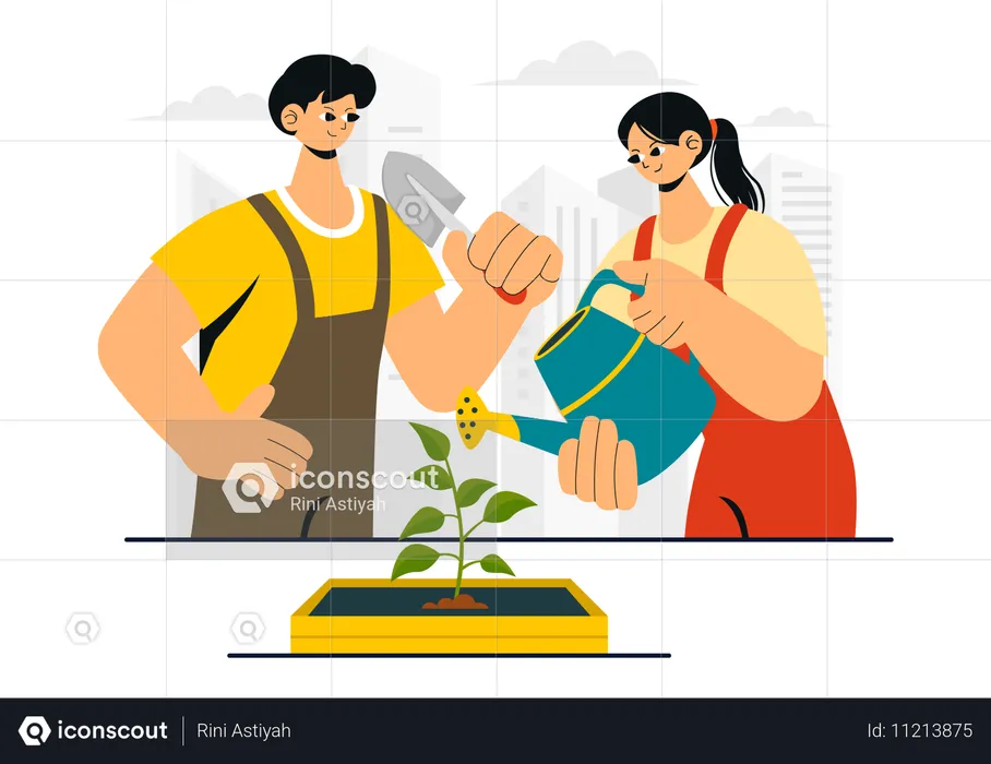 Casal fazendo jardinagem  Ilustração