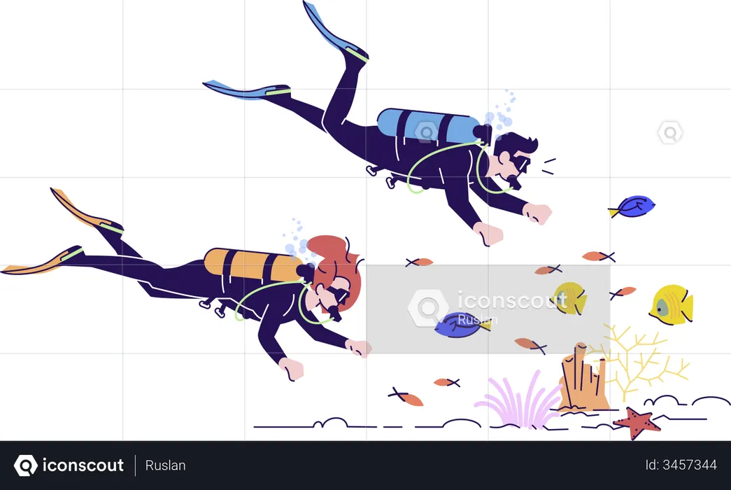 Casal fazendo mergulho  Ilustração