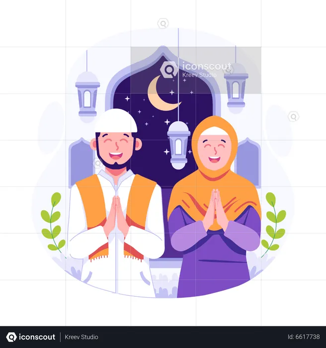 Casal feliz cumprimentando eid ramadan al-fitr  Ilustração