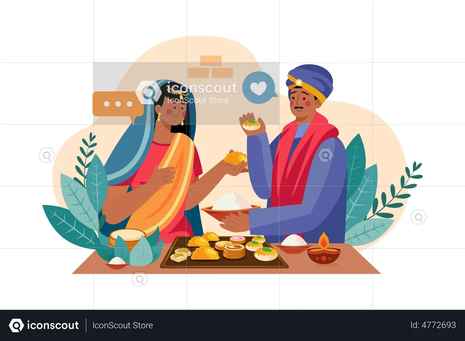 Casal indiano desfrutando de doces de Diwali  Ilustração