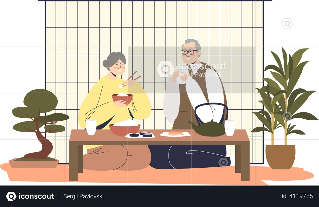 Casal japonês jantando  Ilustração