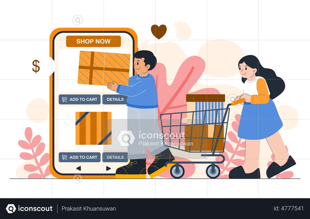 Casal jovem feliz fazendo compras on-line em smartphone  Ilustração