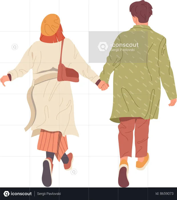 Casal jovem feliz vestindo roupas de outono andando juntos de mãos dadas se divertindo  Ilustração