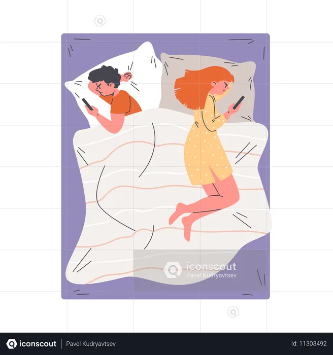 Jovem casal irritado deitado separadamente na cama usando o telefone  Ilustração