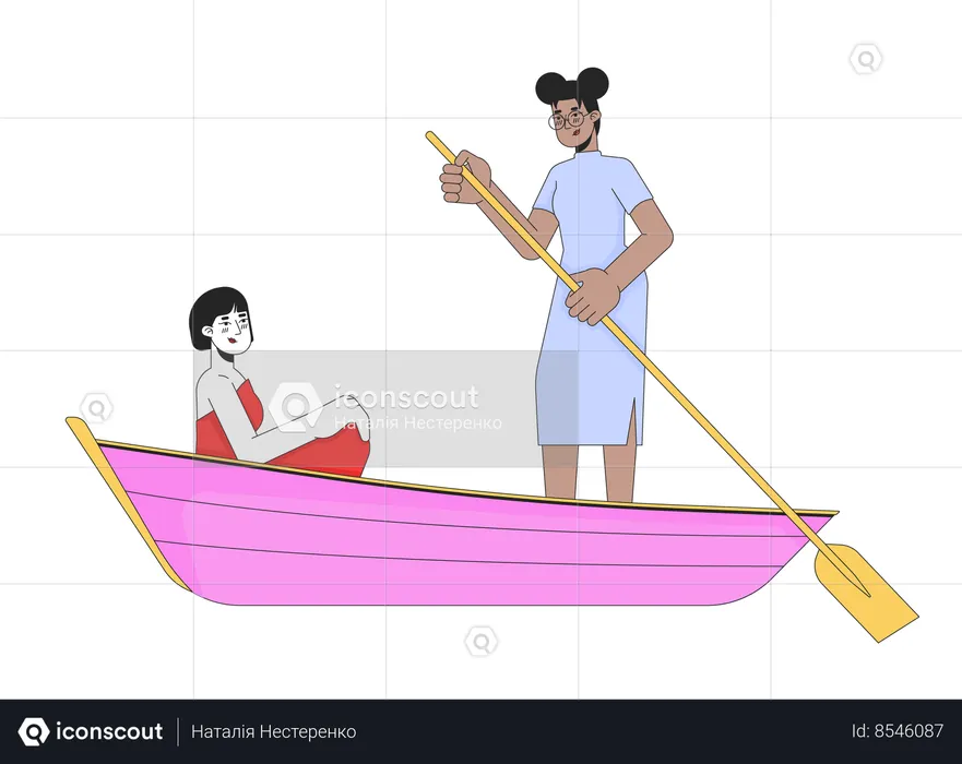 Casal lésbico em passeio romântico de barco  Ilustração