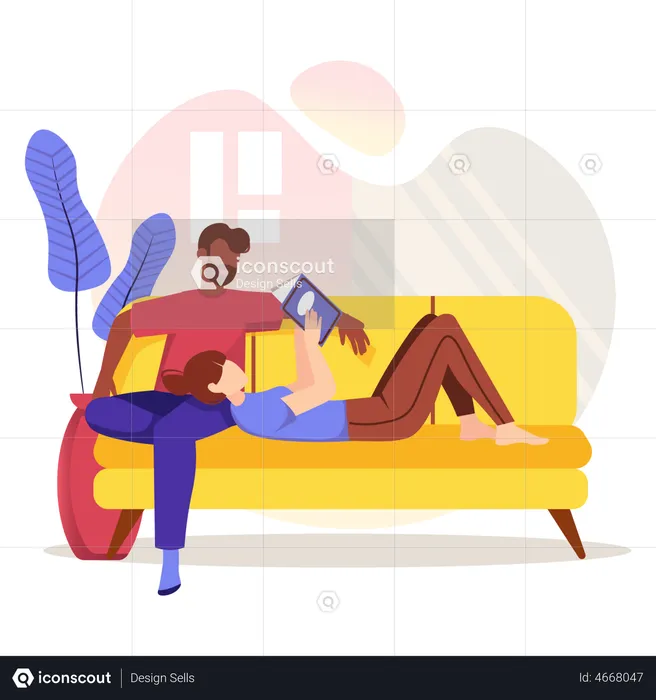 Casal lendo livro e sentado no sofá  Ilustração