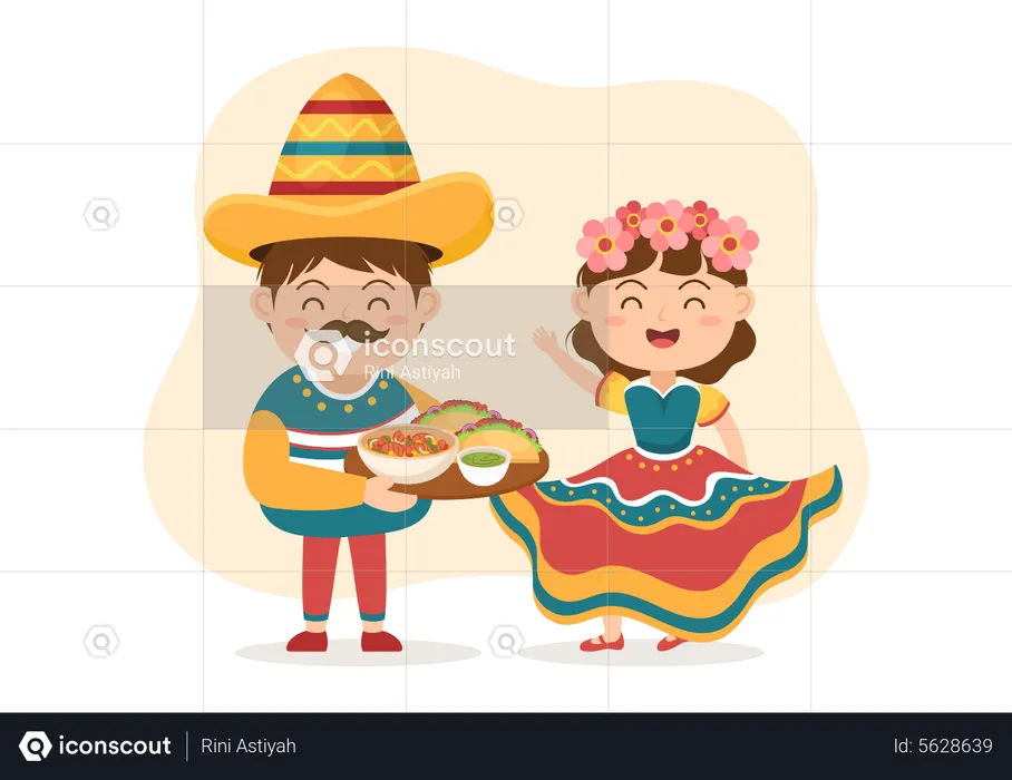 Casal mexicano tradicional com comida mexicana básica  Illustration