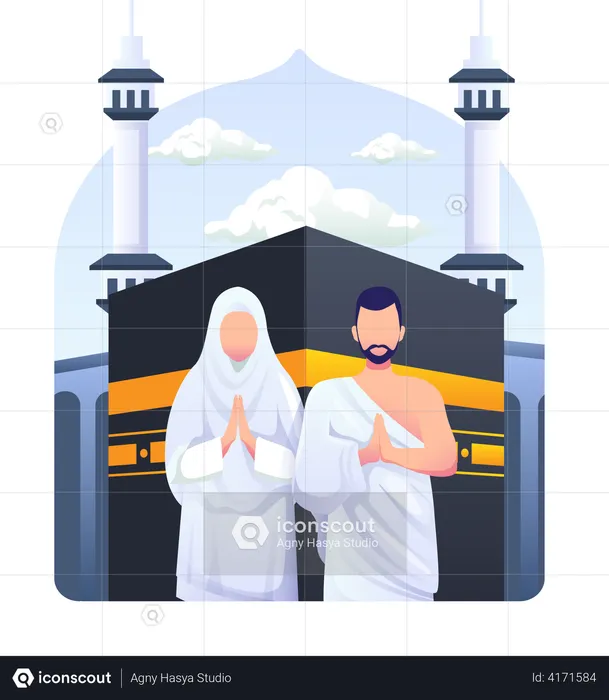 Casal muçulmano está fazendo peregrinação islâmica hajj  Ilustração