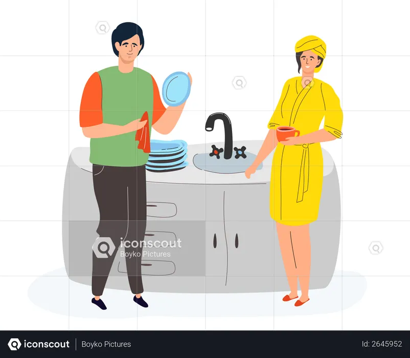 Casal na cozinha  Ilustração