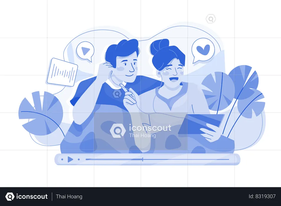 Casal ouvindo podcast  Ilustração