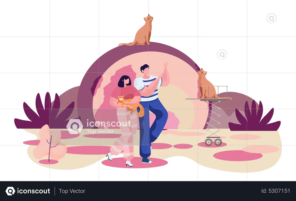 Casal andando com gato no parque  Ilustração