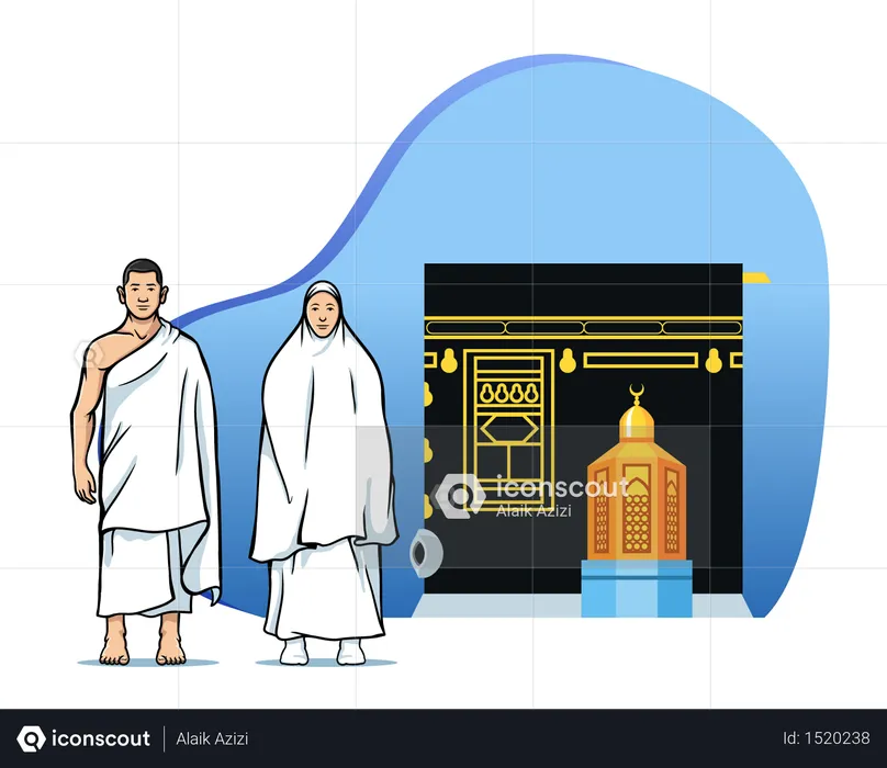 Casal de peregrinos do Hajj na frente de Maqam Ibrahim e Kaaba  Ilustração