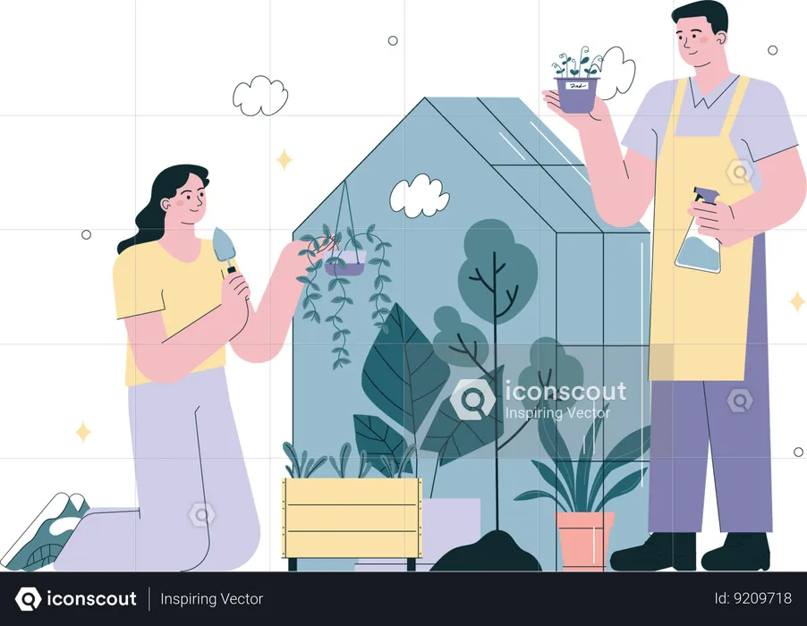 Casal plantando e regando plantas no terraço  Ilustração