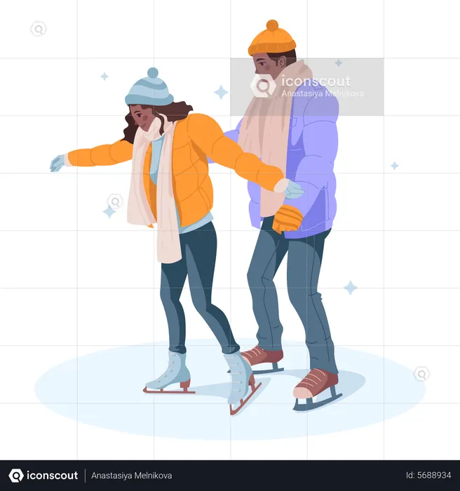 Casal romântico patinando no gelo  Ilustração