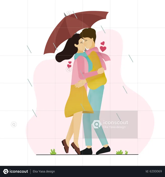 Casal se beijando na chuva  Ilustração