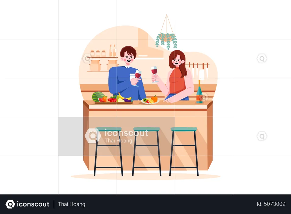 Casal segurando taças de vinho nas mãos na mesa da cozinha com frutas  Ilustração