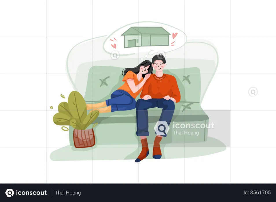 Casal sentado no sofá pensando em casa nova  Ilustração