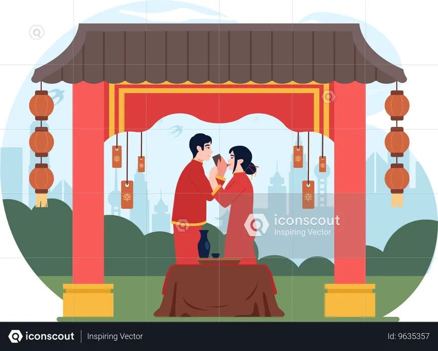 Casal se sente romântico no ano novo chinês  Ilustração
