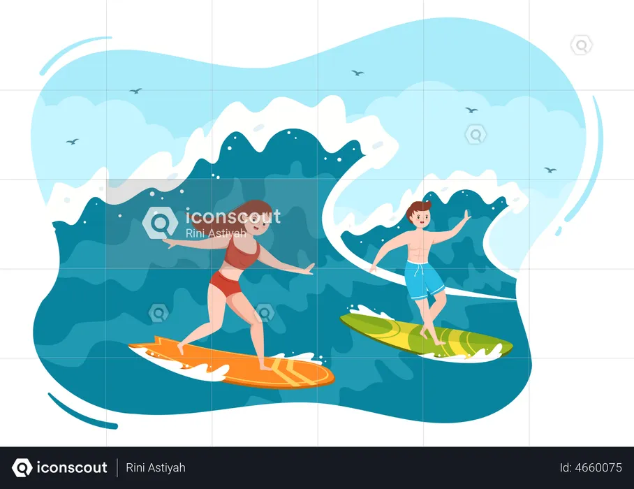 Casal surfando no mar  Ilustração