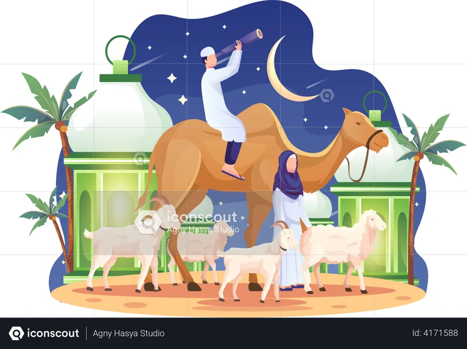 Casal trouxe um camelo e algumas cabras na véspera do Eid Al Adha Mubarak  Ilustração