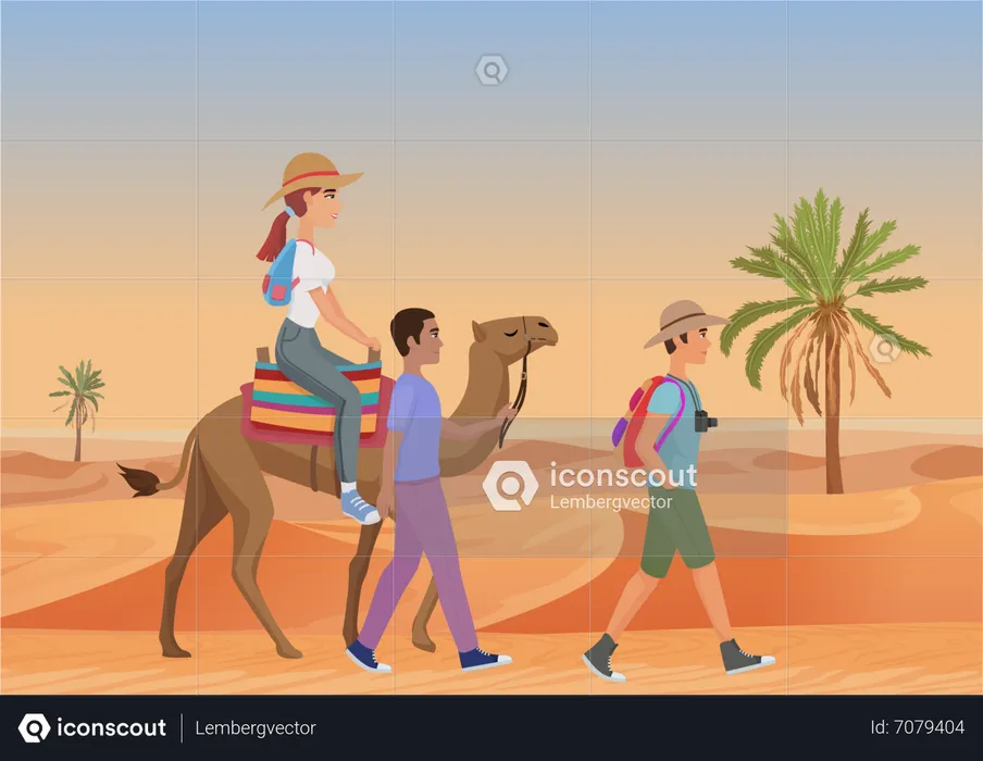 Casal de turista no deserto  Ilustração