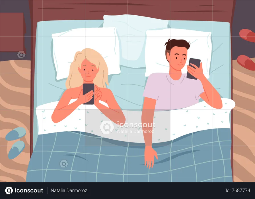 Casal usando smartphone enquanto dorme  Ilustração