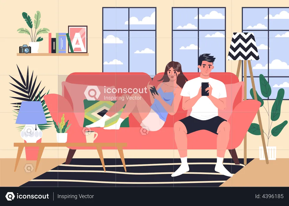 Casal usando smartphone enquanto estão sentados juntos  Ilustração