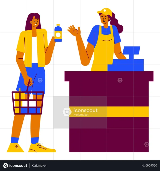Cashier and buyer at the supermarket  Illustration