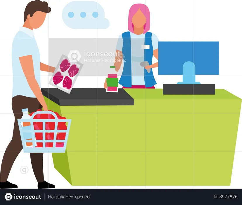 Cashier scanning customer products  Illustration