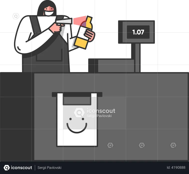 Cashier Scanning Goods By Barcode Scanner  Illustration
