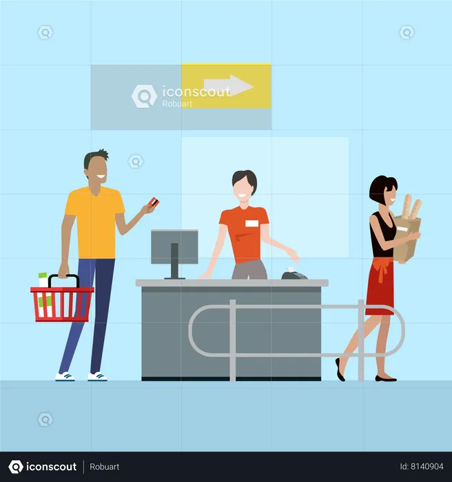 Cashier serves customers on counter desk equipment  Illustration