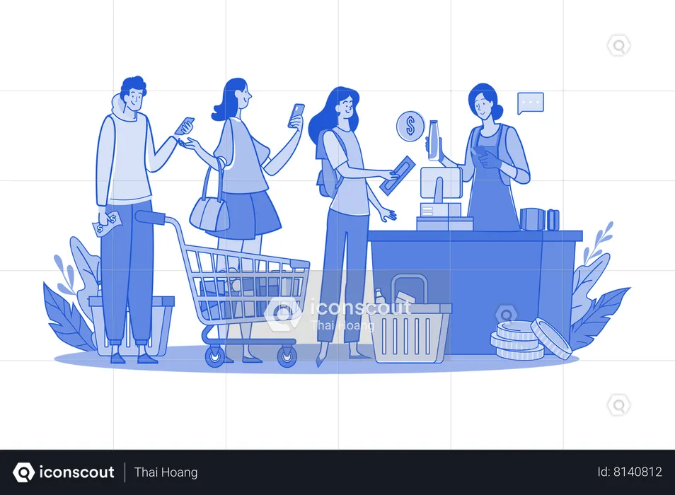 Cashier serving customers in supermarket  Illustration