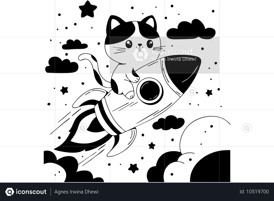 Cat and rocket among the clouds  Illustration