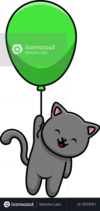 Cat Floating With Balloon  Illustration