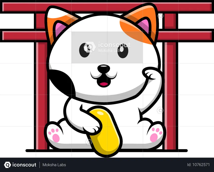 Cat Holding Gold On Torii Gate  Illustration