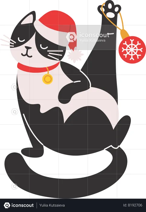 Cat in a Santa hat is playing wits a Christmas decoration  Illustration
