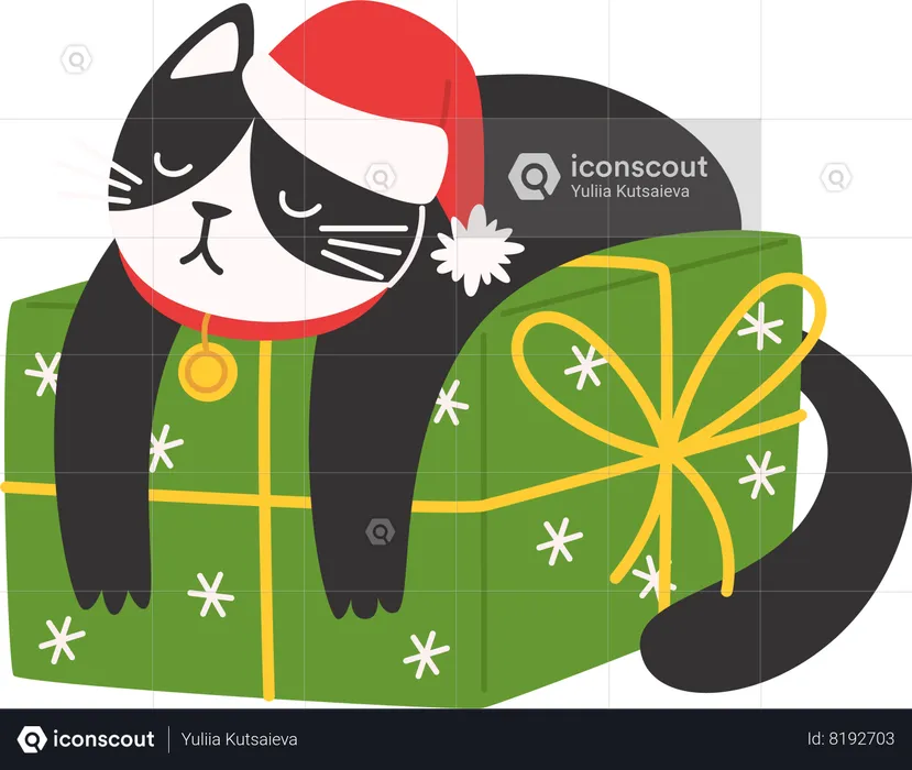 Cat in a Santa hat lies on the Christmas box  Illustration