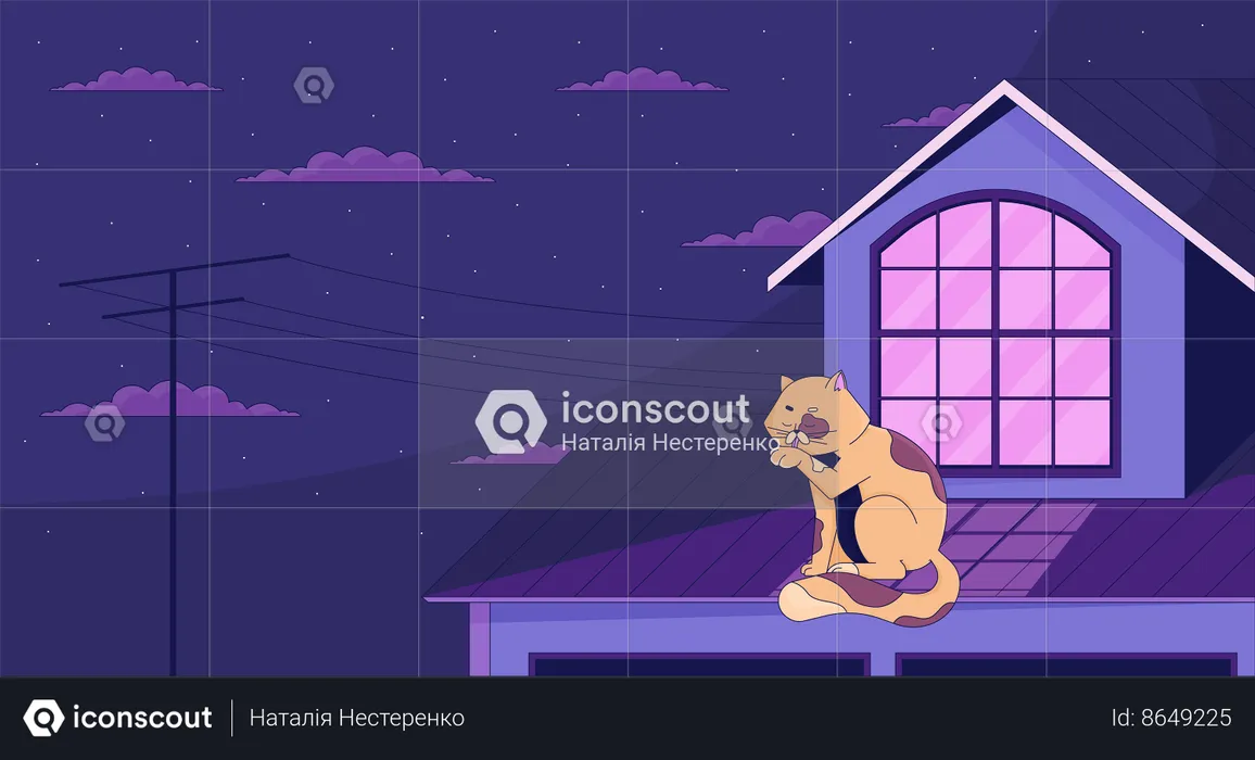 Cat licking paw on roof at night  Illustration