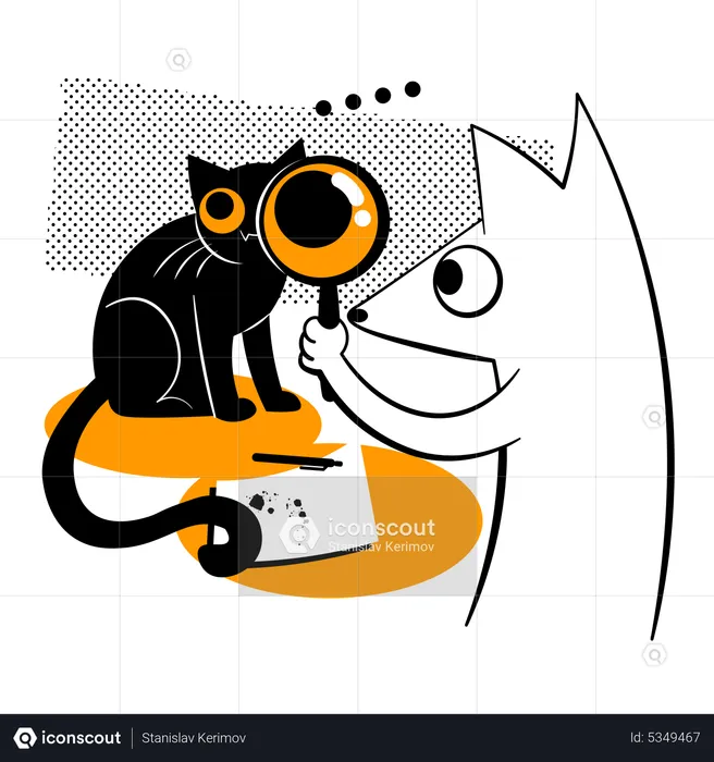 Cat looks through a magnifying glass  Illustration