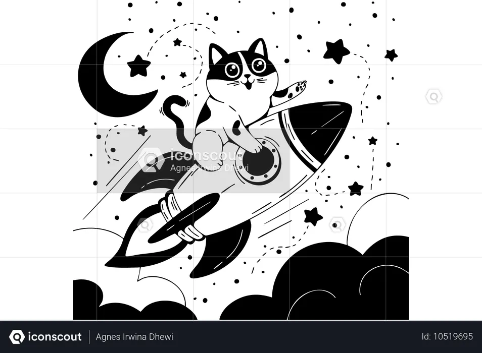 Cat on rocket and crescent moon  Illustration