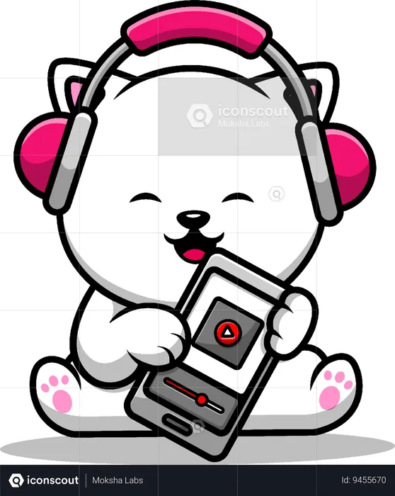 Cat Playing Music With Smartphone And Headphone  Illustration