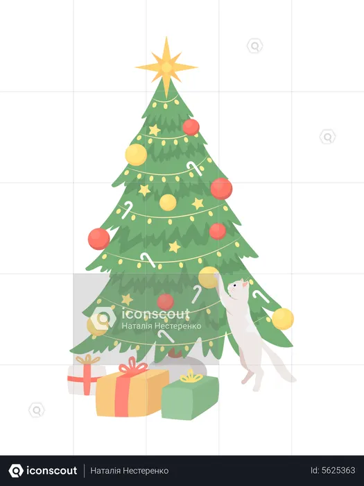 Cat playing with christmas tree  Illustration