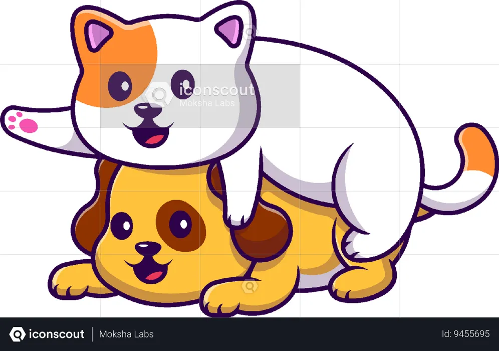 Cat Playing With Dog Together  Illustration