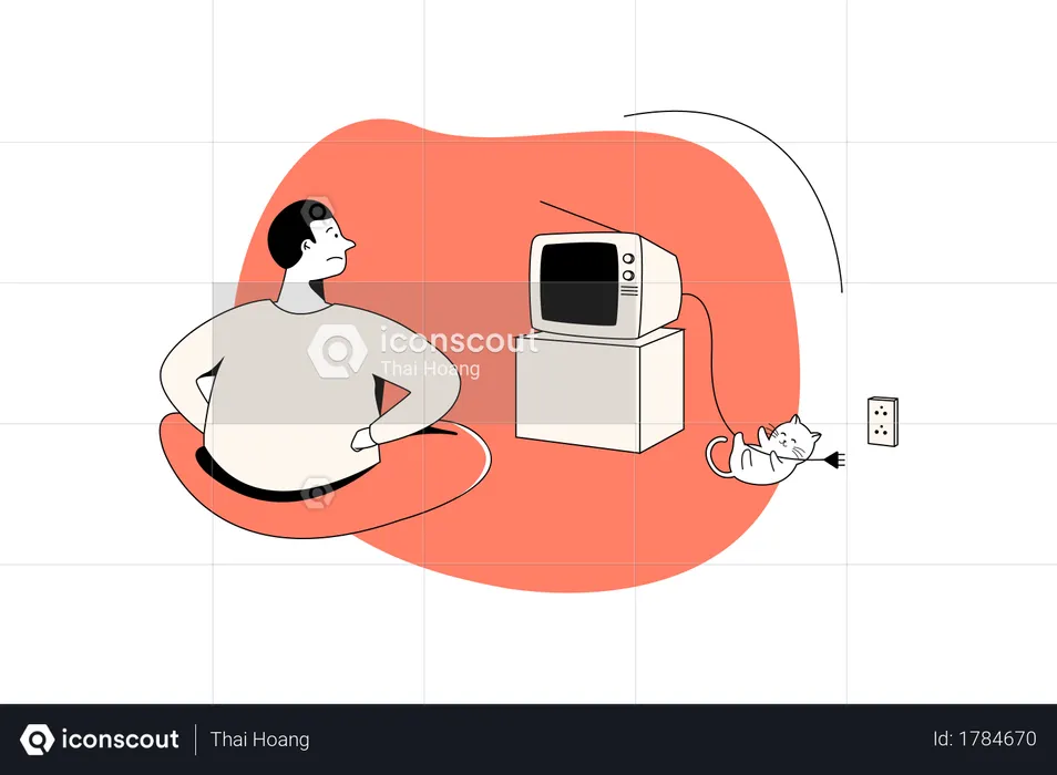 Cat playing with tv wire and man confused  Illustration