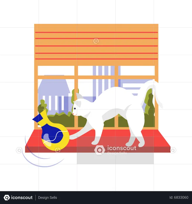 Cat playing with vase pot  Illustration