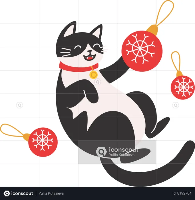 Cat playing wits a Christmas decorations  Illustration