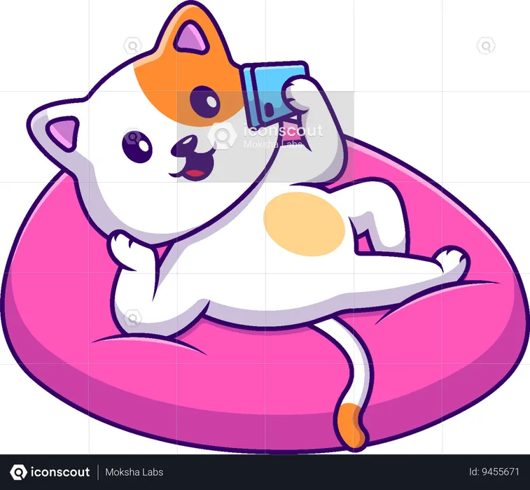 Cat Sitting On Pillow With Playing Phone  Illustration