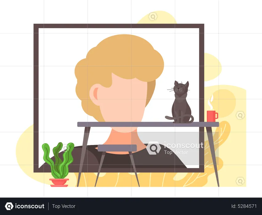 Cat sitting on the table in front of a screen with a man  Illustration