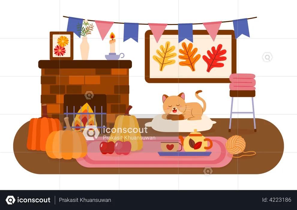 Cat sleeping on seat cushion beside the fireplace in living room  Illustration